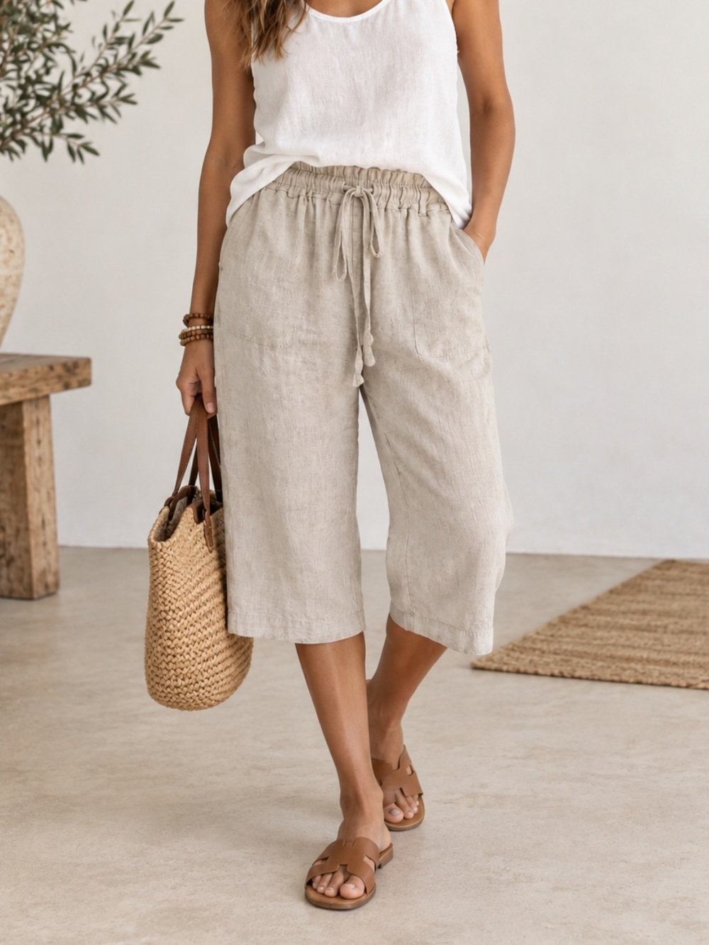 Allen Allen Natural Beige Cropped Drawstring Capris